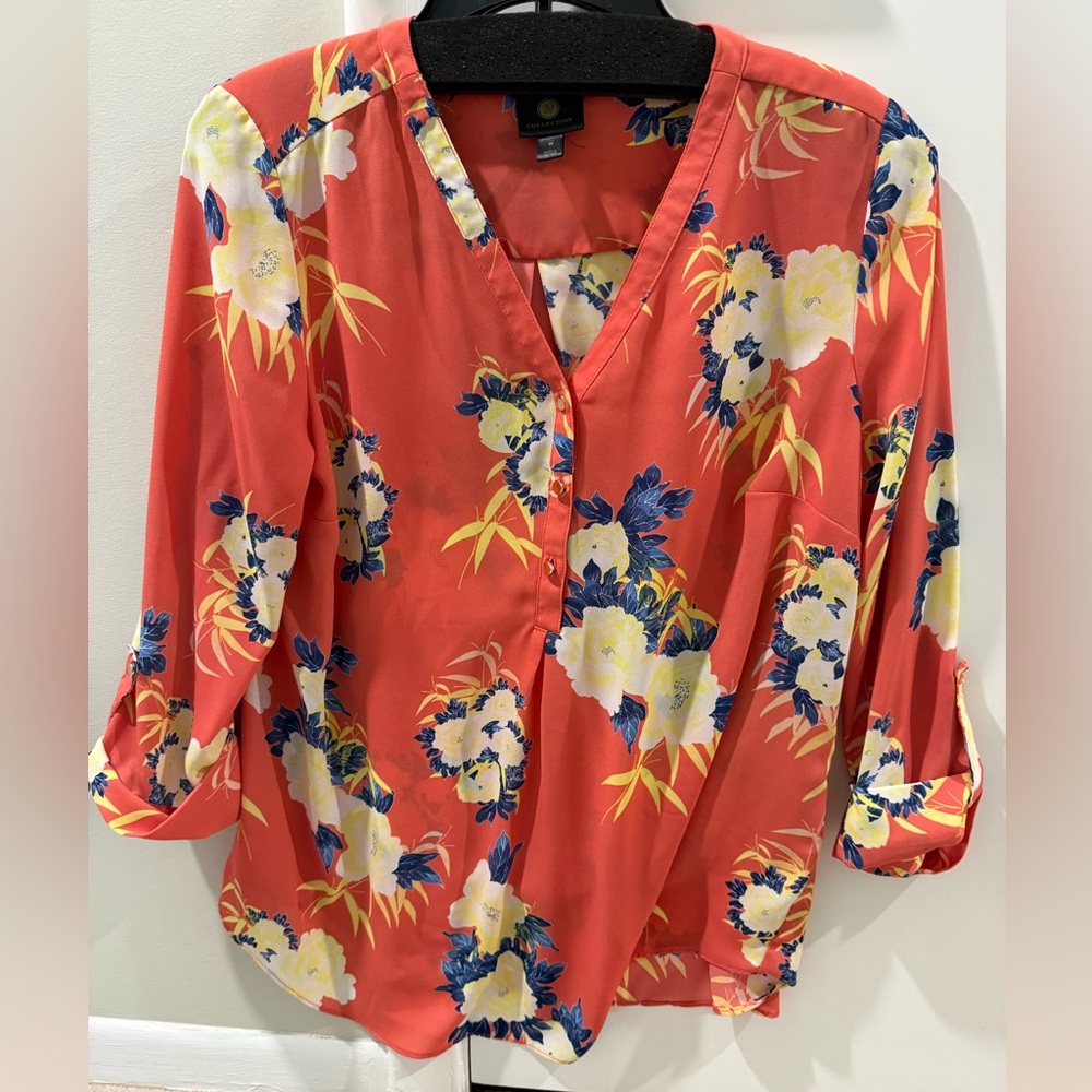 JM Collection Orange Floral Blouse with Blue and Yellow Accents
